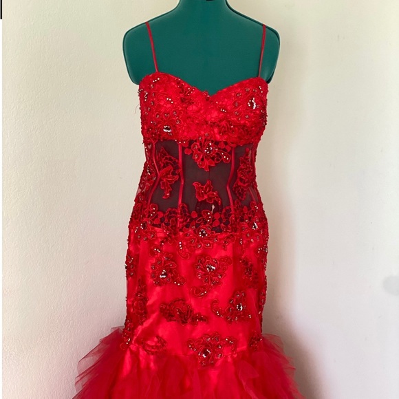JASZ COUTURE HOT SEXY RED LACE MERMAID SATIN TULLE FORMAL DRESS SIZE 12 - Picture 8 of 8